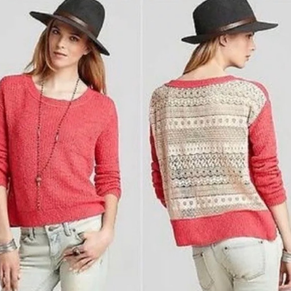 Free People Sweet Jane Coral Crochet Sweater Crop